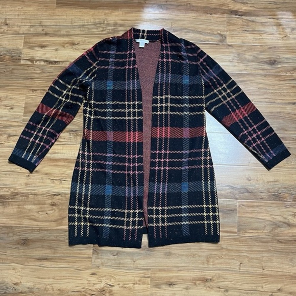 Cj‎ Banks Women's Open-Front Cardigan Sweater Sz Medium Long-Sleeved Plaid